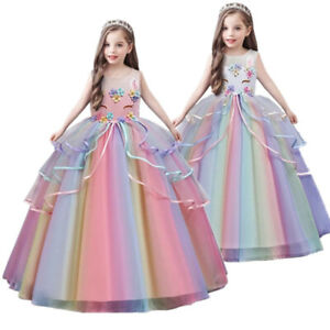 Fiream Rainbow Unicorn Dresses for Girls Tulle Dress Long Sleeve 2-10 Years Old