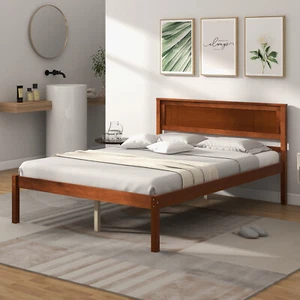 Full Size Wooden Platform Bed Frame with Headboard Mattress Foundation Walnut - Picture 1 of 10