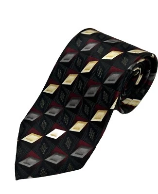 Kilburne & Finch Black Red Gold Geometric Print 100% Silk Mens Necktie L 58 3/4' - Image 1 of 4
