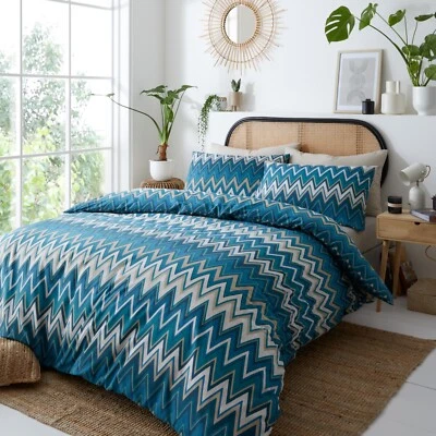 PORTFOLIO HOME SET PIUMONI AZTECHI STAMPATI A ZIG ZAG SINGOLO, DOPPIO O RE. TEAL