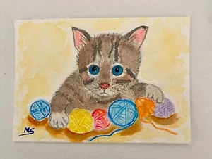 Tabby Cat ORIGINAL ACEO Painting, Kitten with Yarns ATC Cat Art, For Cat Lovers - Picture 1 of 4