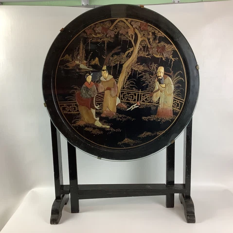 Vintage tilt top side table with thick glass top Japanese 3D hand carved wood Cover
