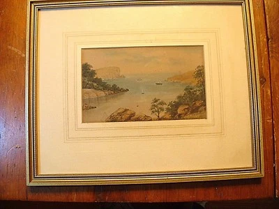 Antigua acuarela miniatura de bahía del siglo XIX con barcos Foto 1 de 3