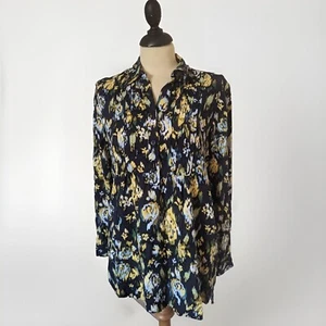 TU 🤍 Blouse Shirt Top Navy White Yellow Button Ruffles Silky Size UK 12 L  - Picture 1 of 7