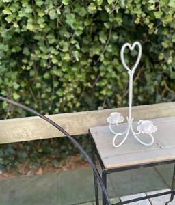 11.5" Modern White Paint Wrought Iron Table Top 2 Candle Holder Heart Valentine - Picture 1 of 3