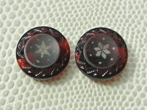 Pair Antique Ruby Red Glass Button - Central Flower Design - Rare   - Picture 1 of 3