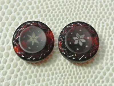 Pair Antique Ruby Red Glass Button - Central Flower Design - Rare   - Image 1 of 3