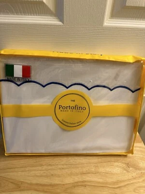 The Portofino Embroidered Blue Scalloped Edge 100% Cotton Queen Sheet Set - Image 1 of 4