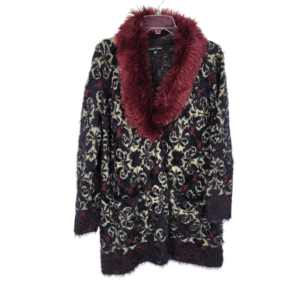 Cárdigan Damasco Tejido Difuso Declaración Cuello Piel Sintética Y2K Grunge Barroco M Foto 1 de 4