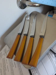 VTG Bakelite Butterscotch Handle 4 Washington Forge Stainless Steel Steak Knives - Picture 1 of 10