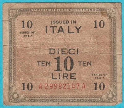 WWII Allied Military Currency- Italy- 10 Lire Note- 1943 - P-M10b - Image 1 of 2