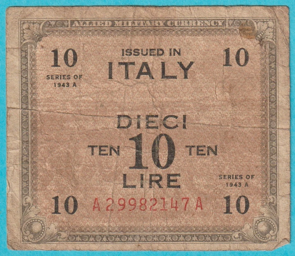 WWII Allied Military Currency- Italy- 10 Lire Note- 1943 - P-M10b - Image 1 of 2