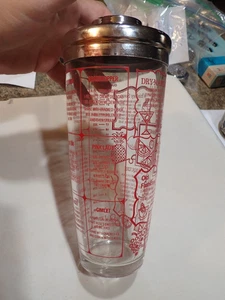 Vintage Glass Irvinware MCM Cocktail Recipes Drink Shaker in red and lid 9" - Picture 1 of 4