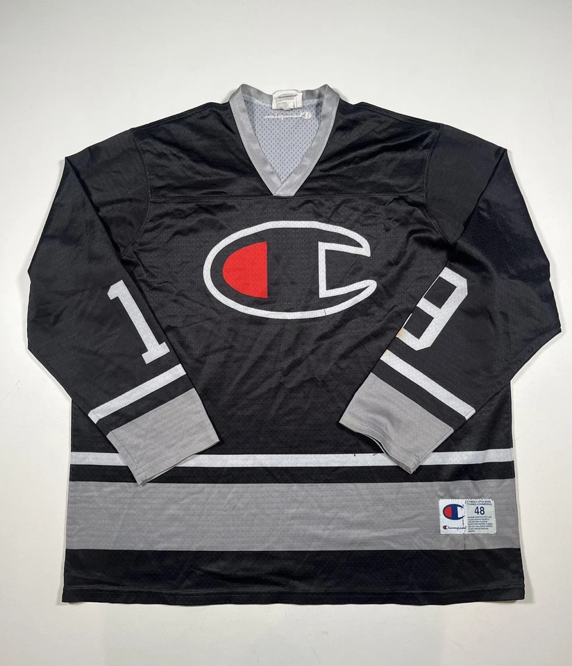 Camiseta deportiva de hockey Champion para hombre XL negra gris malla manga larga cuello en V 19 logotipo 48 Foto 1 de 4