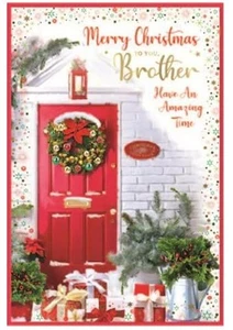 Brother Christmas Card - Red Front Door Men Male - SIZE 9"X6" - Picture 1 of 3