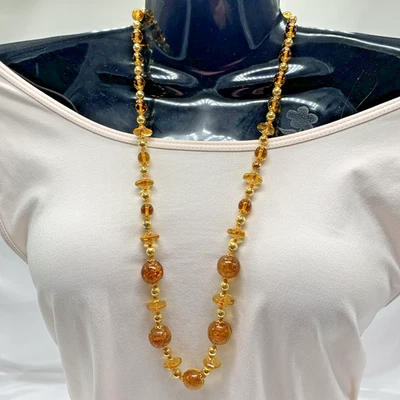 Vintage Murano Glass Necklace Honey Colored Pearls Golden Details  23 Inch - Image 1 of 4