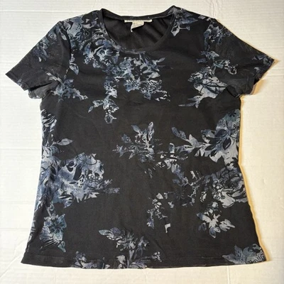 Requirements Black Blue Floral Asian Mesh Top Vtg Y2K Sz M A2623 - Image 1 of 4