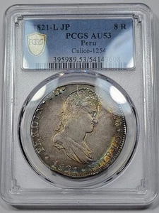 1821 Colonial Español 8 Reales PCGS AU53 ARCO IRIS TONIFICADO Lima Perú LME Raro *K669 - Imagen 1 de 10