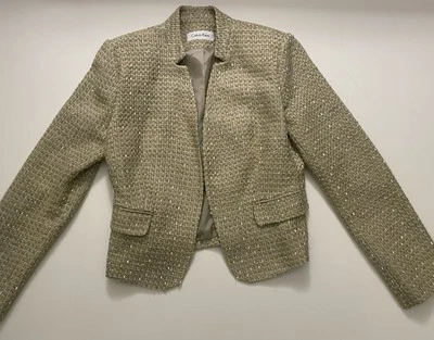 Chaqueta de traje recortada de tweed para mujer Calvin Klein - beige con verde/amarillo talla 6  Foto 1 de 4