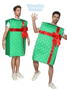 X-F4-4 Adult Unisex Christmas Gift Box Costume Green Red Ribbon Party Outfit - Picture 1 of 13