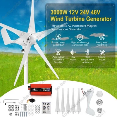 3KW 12/24/48V Windkraftanlage Windgenerator 5 Klinge Windrad mit Wechselrichter - Bild 1 von 4
