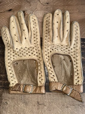 Guantes de conducción de moto vintage de cuero suave beige con puntadas marrones para dama 7 Foto 1 de 3