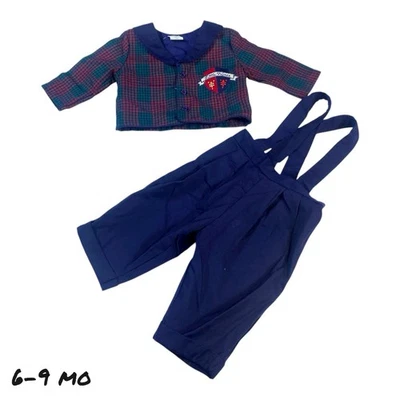 De Colección Bebé Niño Conjunto 6-9 Meses Camisa a Cuadros y Pantalones con Tirantes Pequeño Príncipe Años 80’s Foto 1 de 4