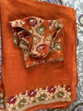 Orange Crepe Silk Sari Blouse Set Soft Fabric Woven Pallu BELLYDANCE choli SALE