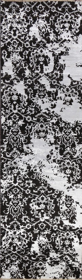 Versace Design BLACK/ SILVER Runner Rug Hand-knotted Wool/ Silk 10' 6'' X 2' 8'' - Image 1 of 4