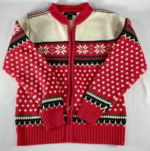 Lands’ End Cardigan Sweater Youth Med M 10/12 Tan Red Fair Isle 100% Cotton EUC - Picture 1 of 5