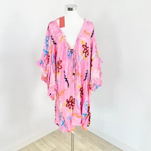 Kinga Csilla Lucky Chalm Mini Dress Womens Size 8 Pink Multi V-Neck Ruffle New - Picture 1 of 11