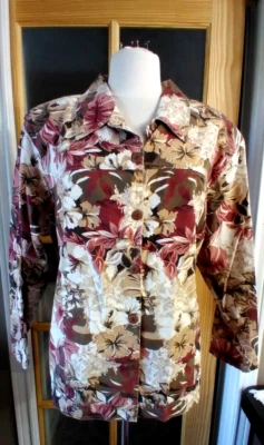 Denim Floral Shirt Jacket Beautiful Silhouettes Womens 2X Ladies Burgundy Jean - Image 1 of 4