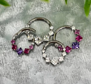 1pc Solid Titanium 7 Square CZ Gems Hinged Segment Ring Helix Septum Clicker - Picture 1 of 11
