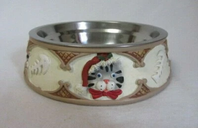 NAVIDAD GATO GATITO CARAS Y HUESOS DE PESCADO ACERO INOXIDABLE Y RESINA PLATO DE COMIDA PARA GATOS Foto 1 de 3