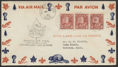 1932 Montreal Lake to Lac la Ronge SASK Flight Patriotic #181 tira de bobina de 3 Foto 1 de 2