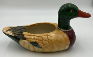 Vintage Ceramic Mallard Duck Planter Hand Painted 9" x 4.25" Glass Eyes - Picture 1 of 9