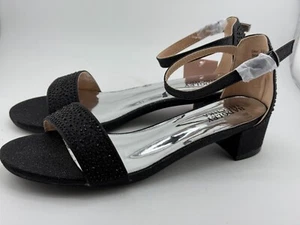 Badgley Mischka Sz 4 BIG Kids Selena Low Heel Rhinestone Open Toe Ankle Strap - Picture 1 of 9