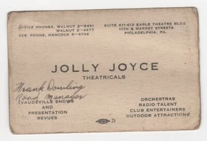 Rare vintage 1947 JOLLY JOYCE Theatricals Frank Dowling Road Manager Card - Picture 1 of 2