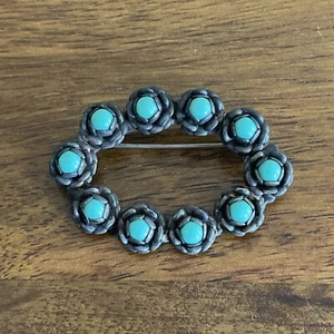 Vintage Sterling Mexico Silver Oval Ring of Turquoise W/Roses Brooch Pin/Signed - Picture 1 of 3