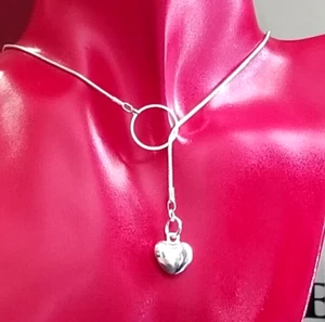 Sterling Silver Lariat Necklace .925 Silver Heart Pendant Necklace Gift for Her - Picture 1 of 10