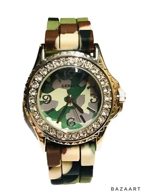 Reloj Pulsera Mujer Geneva Platino Camuflaje Estrás Bling Cuarzo Funcionando Foto 1 de 4
