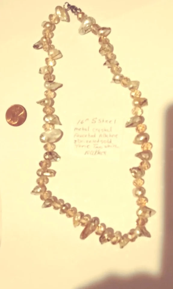 S.Steel blanco, bronceado dorado llovizna abulón, grifo cristal cuentas collar 16" Foto 1 de 4