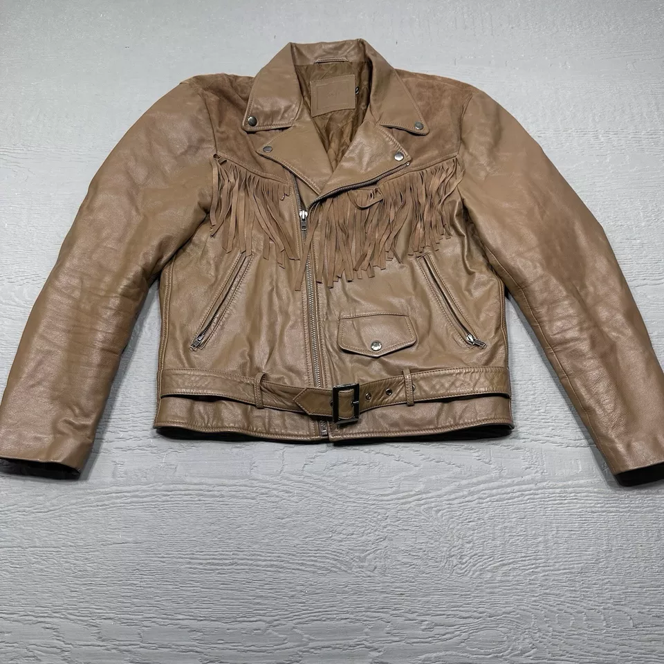 Asos Jacket Mens Medium Leather Suede Fringe Brown Biker Tribal Quilted Liner - Image 1 of 4