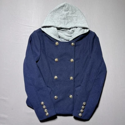 Maeve Anthropologie Twofer Jacket Navy Hooded Peacoat Gold Button Womens XS - Image 1 of 4