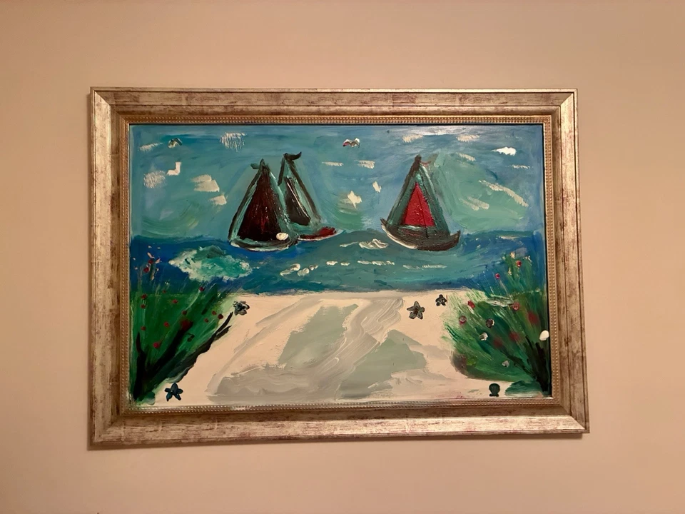 Pintura al óleo de playa sobre lienzo grande 36" x 24" firmada por La Vie De Estela Foto 1 de 1