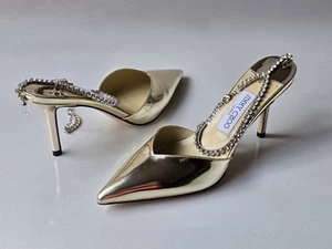 JIMMY CHOO Saeda 85 Gold Leather Crystal Pumps 39 8 JEWELED Ankle Straps Shoes - Picture 1 of 9