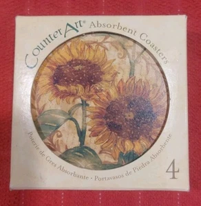 Counter Art Stoneware Coasters Pack of 4 "Sunflowers" Absorbent W/ Cork Back NEW - Picture 1 of 4