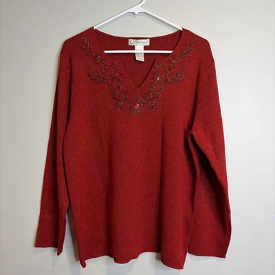 Suéter feminino cintilante metálico tamanho 18-20 vermelho floral frisado festivo Grannycore - Imagem 1 de 4