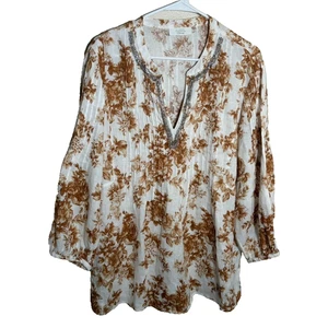 Charter Club Blouse Women's XL Linen Luxury V-Neck Boho Pleated Beaded Top - Picture 1 of 8