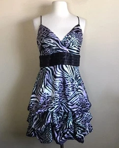 Vintage Roberta Zebra Print Satin Bubble Hem Dress Junior Size 13/14 Purple Y2K - Picture 1 of 9